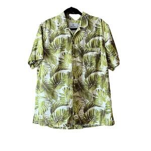 28 Palms Men’s Green Palm Print Button-Down Shirt Short Sleeve Cotton Size L